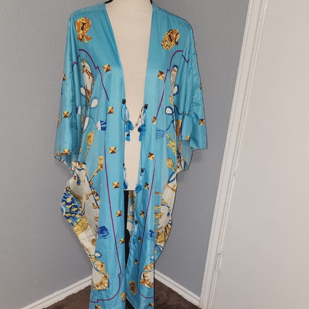 Blue Kimono with Gold and White Accents